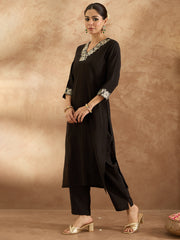 Indo Era Black Embroidered Straight Kurta Trousers  Set