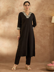 Indo Era Black Embroidered Straight Kurta Trousers  Set