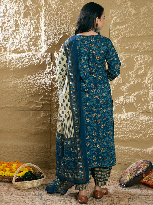 Indo Era Teal Printed Straight Kurta Salwar With Dupatta set