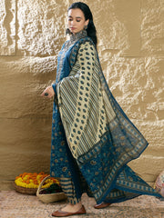 Indo Era Teal Printed Straight Kurta Salwar With Dupatta set