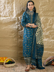 Indo Era Teal Printed Straight Kurta Salwar With Dupatta set