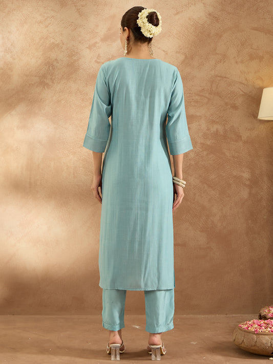 Indo Era Blue Embroidered Straight Kurta Trousers  Set