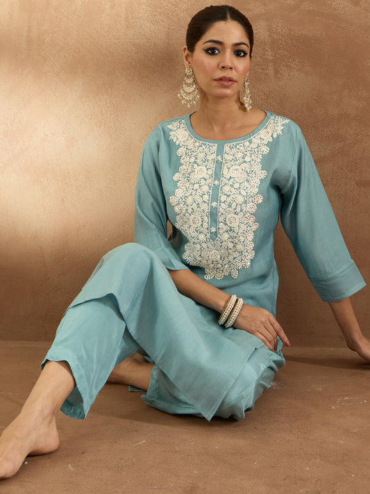 Indo Era Blue Embroidered Straight Kurta Trousers  Set