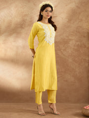 Indo Era Yellow Embroidered Straight Kurta Trousers  Set