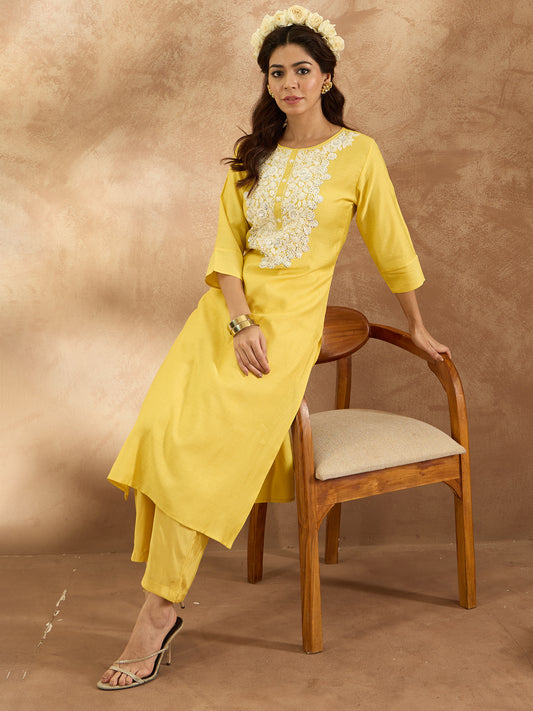 Indo Era Yellow Embroidered Straight Kurta Trousers  Set