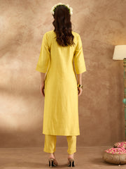 Indo Era Yellow Embroidered Straight Kurta Trousers  Set