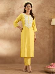 Indo Era Yellow Embroidered Straight Kurta Trousers  Set