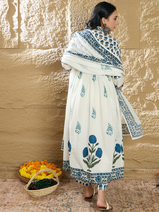 Indo Era White Printed A-Line Kurta Trousers With Dupatta Set