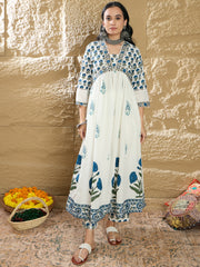 Indo Era White Printed A-Line Kurta Trousers With Dupatta Set