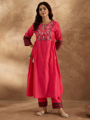 Indo Era Pink Embroidered A-Line Kurta Trousers Set