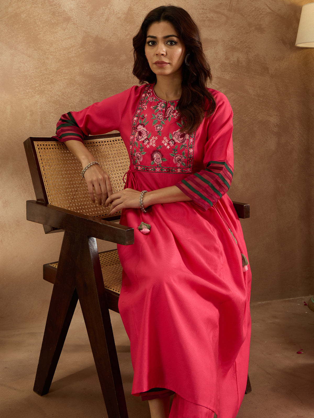 Indo Era Pink Embroidered A-Line Kurta Trousers Set