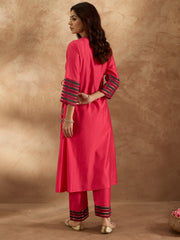 Indo Era Pink Embroidered A-Line Kurta Trousers Set