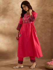 Indo Era Pink Embroidered A-Line Kurta Trousers Set