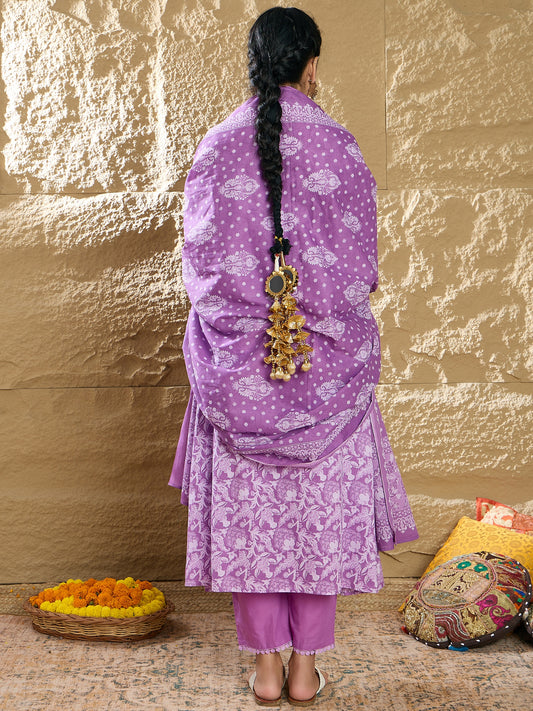 Indo Era Lavender Printed A-Line Kurta Trousers With Dupatta set