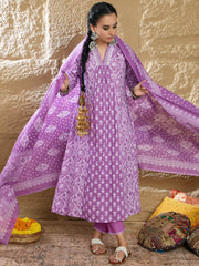 Indo Era Lavender Printed A-Line Kurta Trousers With Dupatta set