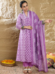 Indo Era Lavender Printed A-Line Kurta Trousers With Dupatta set