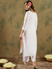 Indo Era White Printed Straight Kurta Trousers  Set