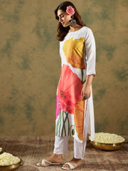 Indo Era White Printed Straight Kurta Trousers  Set