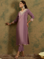 Indo Era Lavender Embroidered Straight Kurta Trousers Set