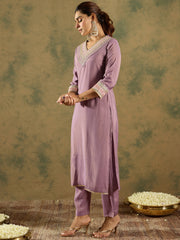 Indo Era Lavender Embroidered Straight Kurta Trousers Set