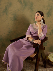 Indo Era Lavender Embroidered Straight Kurta Trousers Set