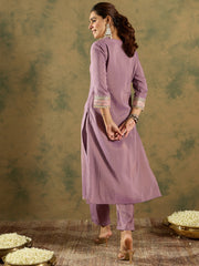 Indo Era Lavender Embroidered Straight Kurta Trousers Set