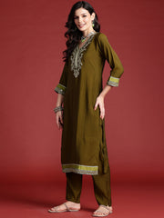 Indo Era Green Embroidered Straight Kurta Trousers With Dupatta set