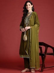 Indo Era Green Embroidered Straight Kurta Trousers With Dupatta set