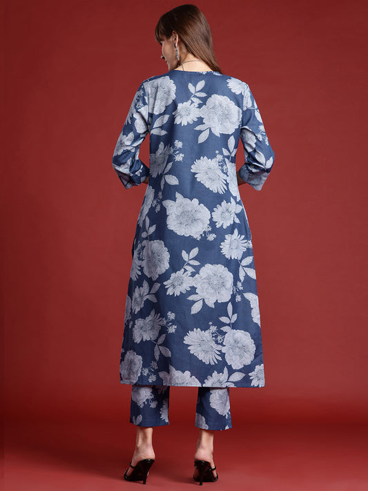 Indo Era Blue Printed A-Line Kurta Trousers set