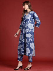 Indo Era Blue Printed A-Line Kurta Trousers set