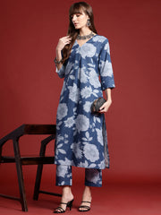 Indo Era Blue Printed A-Line Kurta Trousers set