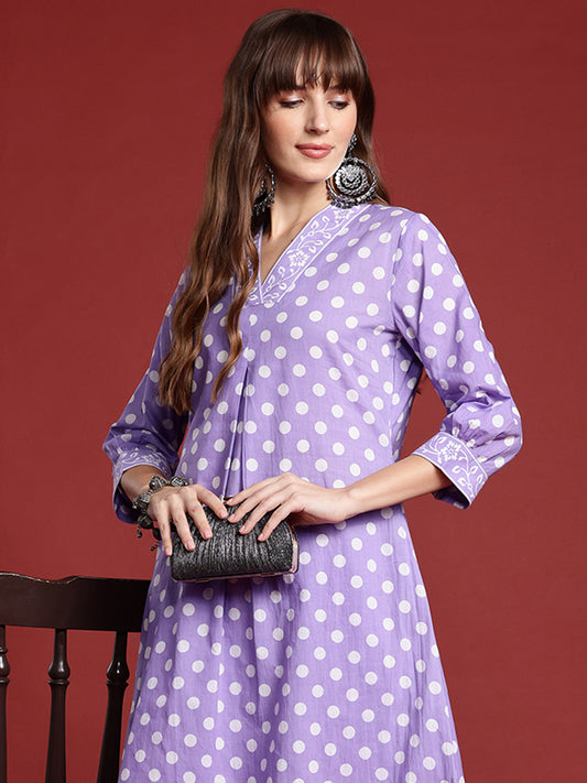 Indo Era Lavender Printed A-Line Kurta Trousers  set