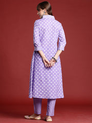 Indo Era Lavender Printed A-Line Kurta Trousers  set