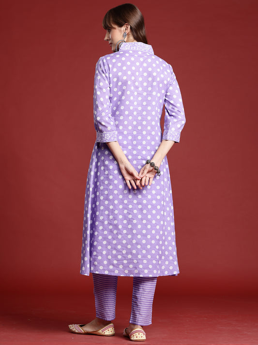 Indo Era Lavender Printed A-Line Kurta Trousers  set