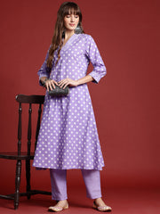 Indo Era Lavender Printed A-Line Kurta Trousers  set