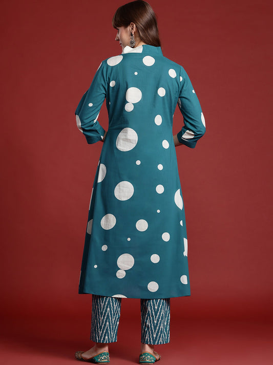 Indo Era Teal Printed A-Line Kurta Trousers set