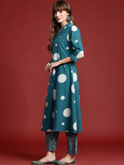 Indo Era Teal Printed A-Line Kurta Trousers set