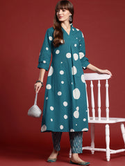 Indo Era Teal Printed A-Line Kurta Trousers set