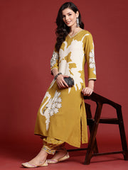 Indo Era Mustard Printed A-Line Kurta Salwar set