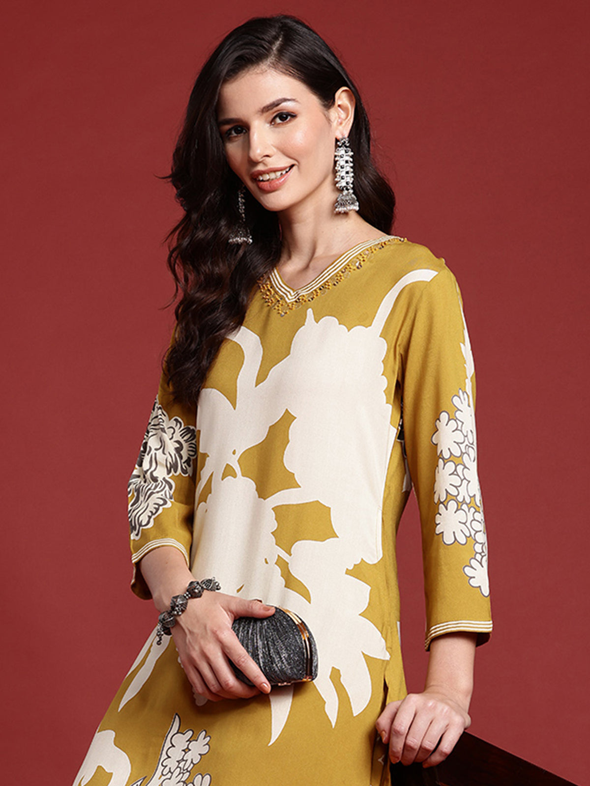 Indo Era Mustard Printed A-Line Kurta Salwar set