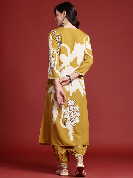 Indo Era Mustard Printed A-Line Kurta Salwar set