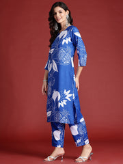 Indo Era Blue Printed Straight Kurta Trousers Set