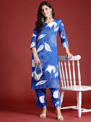 Indo Era Blue Printed Straight Kurta Trousers Set