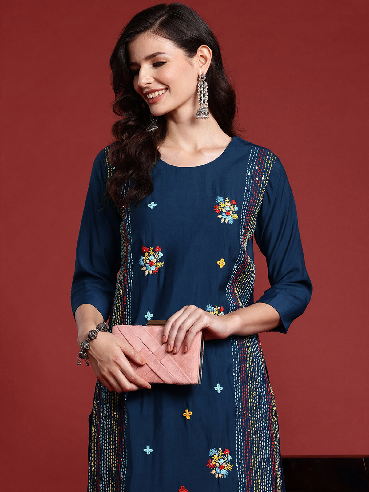 Indo Era Blue Embroidered Straight Kurta Trousers set