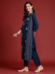 Indo Era Blue Embroidered Straight Kurta Trousers set