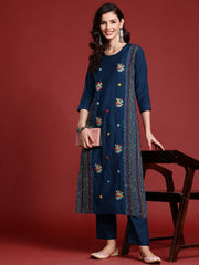 Indo Era Blue Embroidered Straight Kurta Trousers set