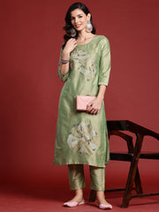 Indo Era Green Embroidered Straight Kurta Trousers set