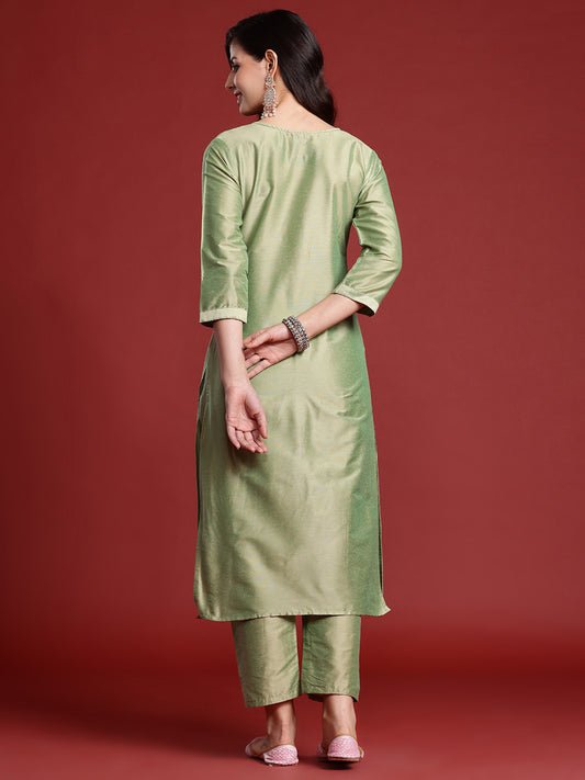 Indo Era Green Embroidered Straight Kurta Trousers set