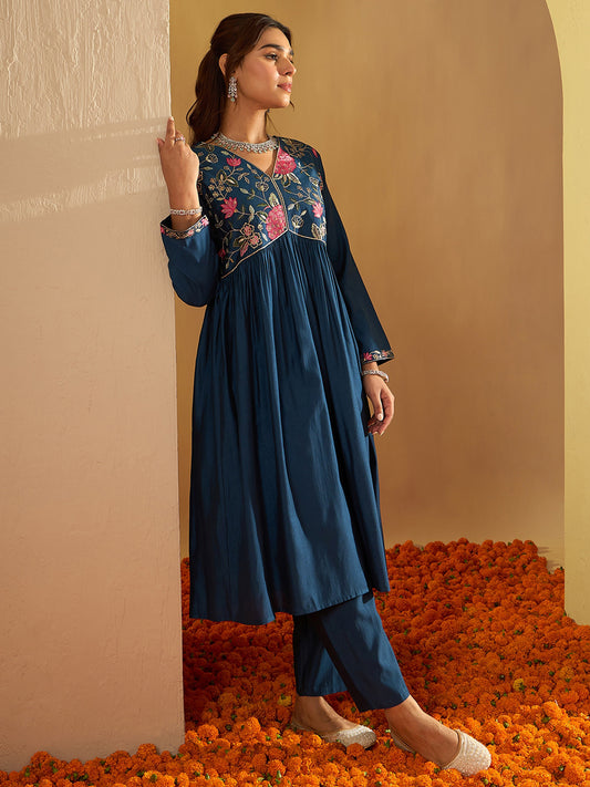 Indo Era Teal Embroidered A-Line Kurta Trousers Set