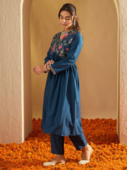 Indo Era Teal Embroidered A-Line Kurta Trousers Set